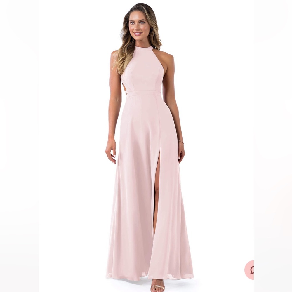 A-Line High Neck Chiffon Floor-Length Dress Blushing Pink Bridesmaid Dress